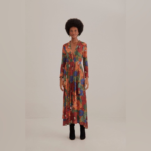 Farm Rio Black Stitched Flowers V Neck Maxi Dress— Women’s Medium - Picture 5 of 10